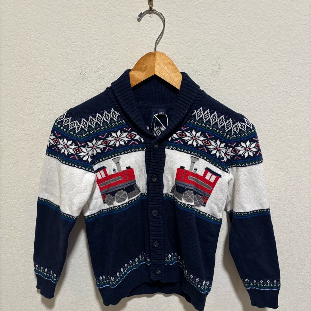Janie and Jack Navy Fair Isle Shawl Collar Cardigan Holiday Train